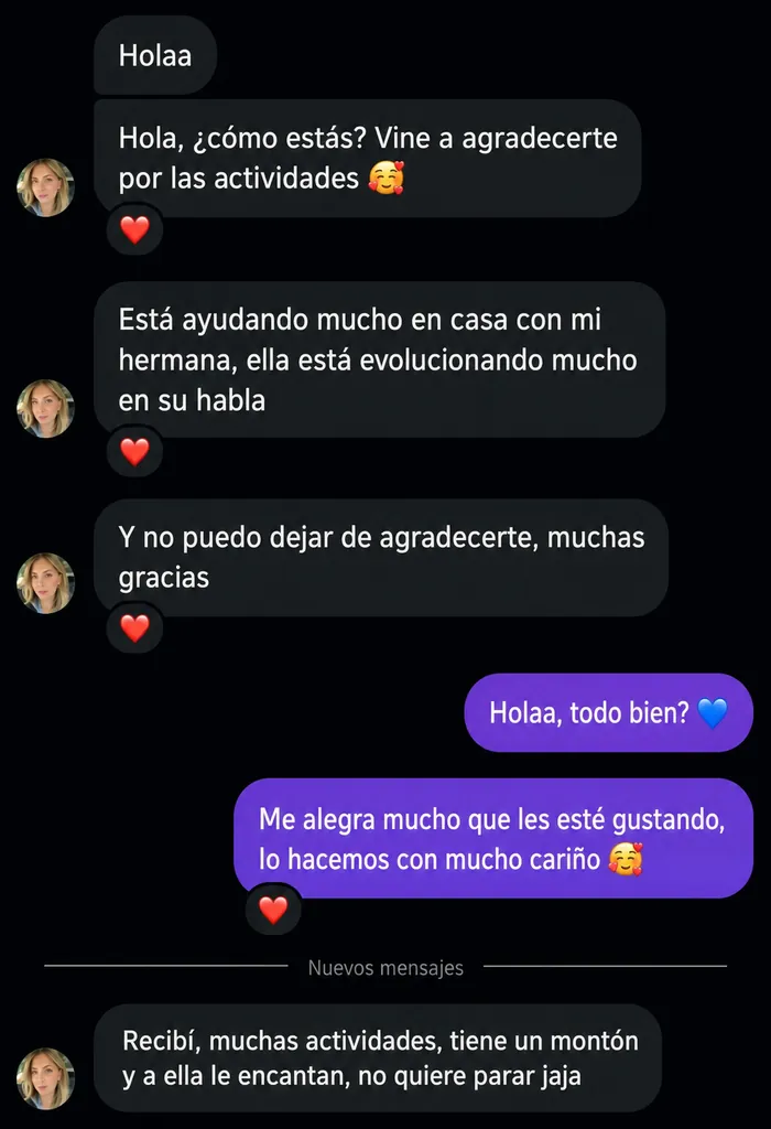 Captura de conversación con una clienta agradeciendo por las actividades del kit